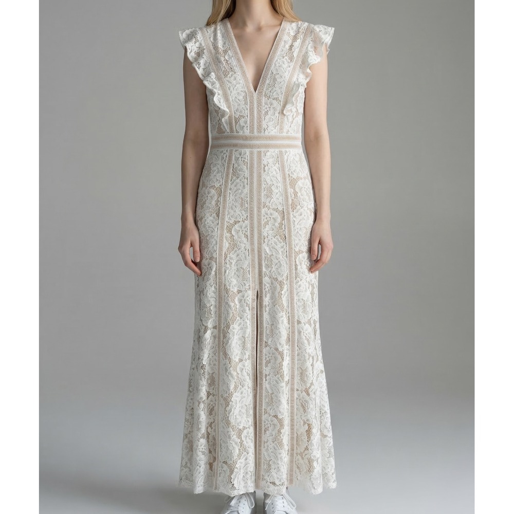 Tadashi Shoji Dress 0 White Lace Maxi Panel Illusion Formal Gown Bridal Wedding